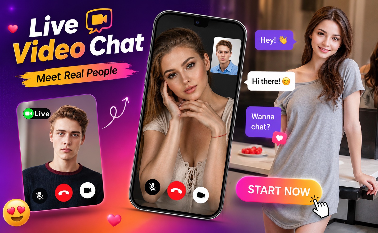 Live video chat screen with real people and start now button
