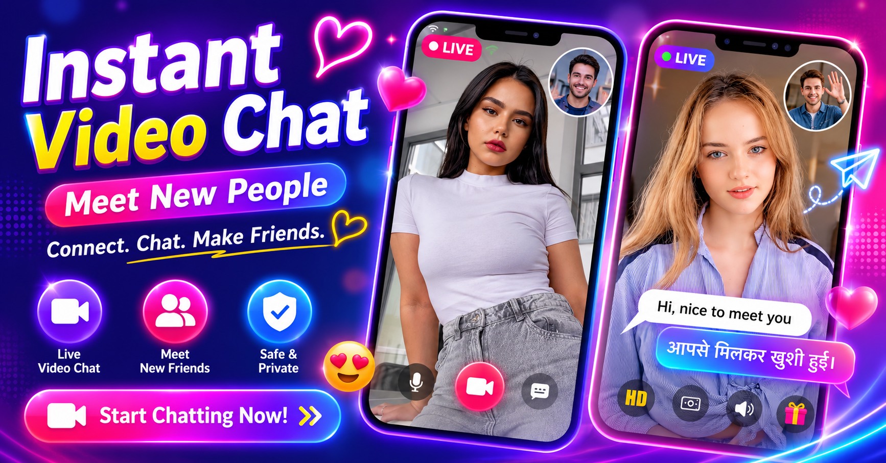 Instant video chat interface for meeting new friends safely