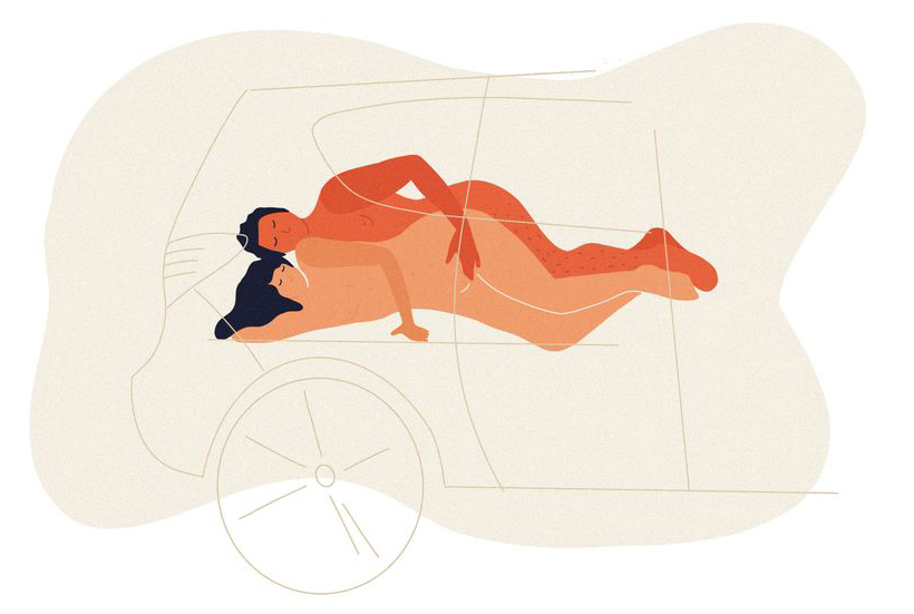 Sideways side spooning car sex position illustration