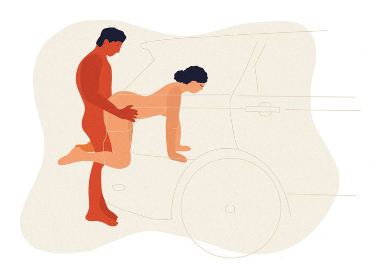 Doggy style car sex position illustration with vehicle space tips