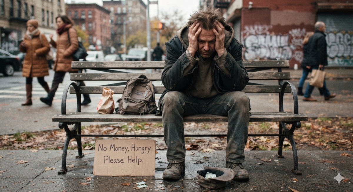 A lonely man sitting on a city bench after relationship trouble