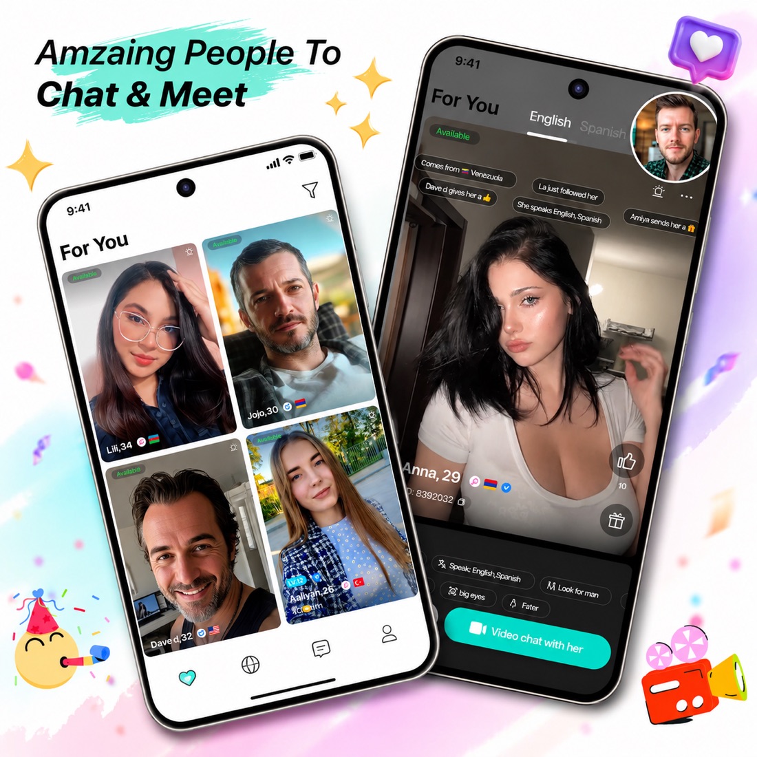 HotChatLive app screens showing people available for video chat