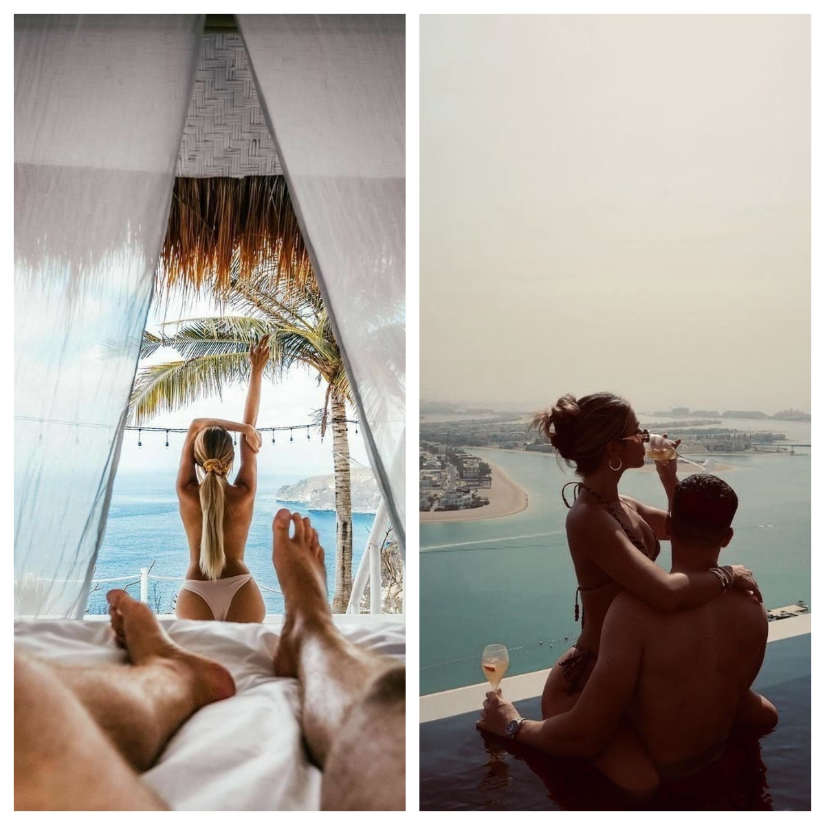 Travel couple scenes showing relaxed private video chat connections