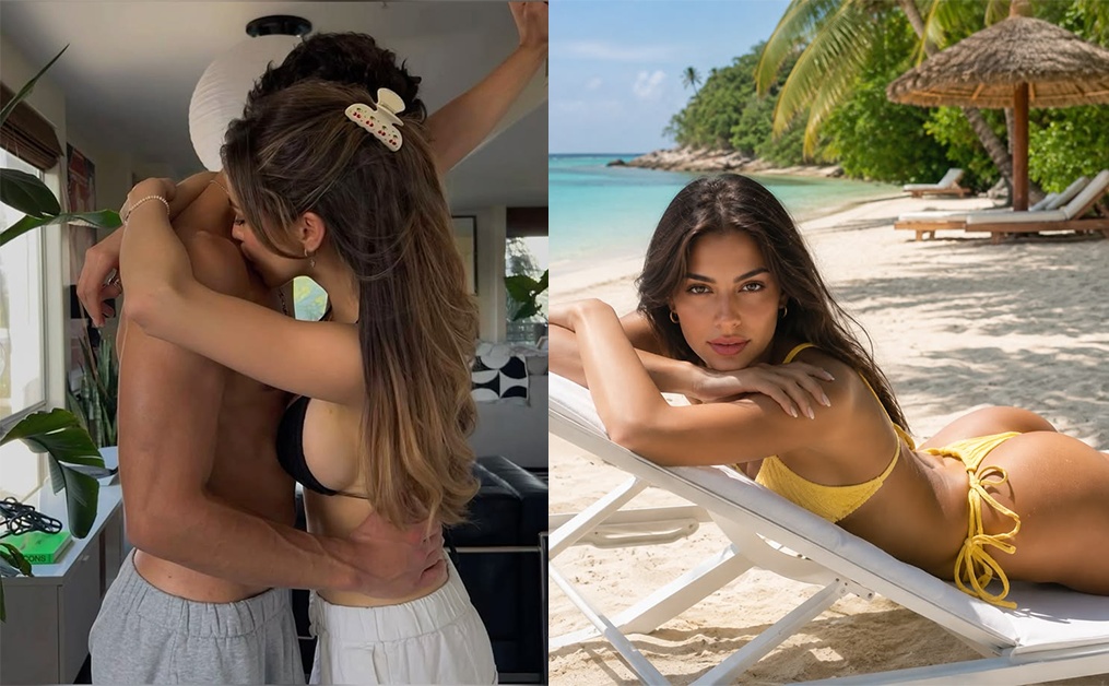 Sexy chat lifestyle collage with couple and beach video chat mood